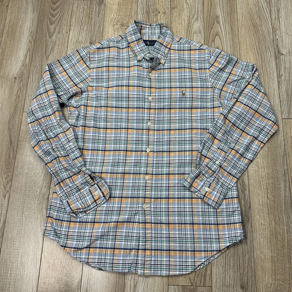 ralph lauren button down shirt mens medium blue orange plaid long sleeve*